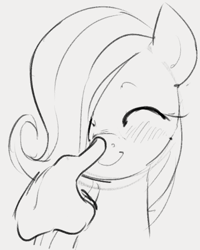 Size: 406x507 | Tagged: safe, artist:dotkwa, fluttershy, pegasus, pony, g4, blushing, boop, cute, disembodied hand, eyes closed, female, filly, filly fluttershy, grayscale, hand, monochrome, shyabetes, simple background, smiling, white background, younger