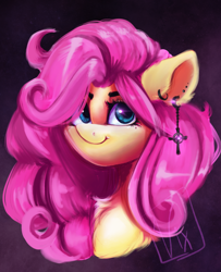 Size: 2441x3000 | Tagged: safe, artist:thewickedvix, fluttershy, pony, g4, bust, chest fluff, cute, ear fluff, ear piercing, earring, female, high res, jewelry, looking at you, mare, piercing, portrait, shyabetes, solo, three quarter view