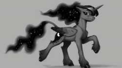 Size: 1280x720 | Tagged: safe, artist:equum_amici, artist:php117, princess luna, alicorn, pony, g4, animated, cinemagraph, cloven hooves, collaboration, ear fluff, ethereal mane, female, freckles, galaxy mane, gray background, grayscale, leonine tail, mare, monochrome, no sound, raised hoof, raised leg, realistic horse legs, simple background, solo, starry mane, unshorn fetlocks, webm