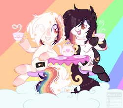 Size: 4068x3582 | Tagged: safe, artist:manella-art, oc, oc:ayaka, earth pony, pony, alternate design, base used, cloud, cup, eye clipping through hair, female, mare, ponified, rainbow background, self ponidox, sitting, species swap, teacup, teapot