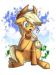 Size: 720x960 | Tagged: dead source, safe, artist:dddreamdraw, applejack, earth pony, pony, g4, :3, cute, exclamation point, female, floppy ears, food, interrobang, jackabetes, mare, open mouth, orange, partial background, question mark, sitting, solo