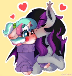 Size: 2000x2100 | Tagged: safe, artist:cottonsweets, oc, oc only, oc:cottonsweets, oc:darkmoon, bat pony, candy pony, cat, cat pony, food pony, original species, pony, unicorn, blushing, clothes, fluffy, food, heart, high res, holding hooves, marshmallow, multicolored hair, original art, original character do not steal, shipping, simple background, smooch, sweater, yellow background