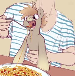 Size: 1137x1143 | Tagged: safe, artist:elicitie, oc, oc only, oc:cookie malou, earth pony, human, pony, eating, food, holding a pony, meme, pasta, ponified, ponified animal photo, spaghetti, uvula