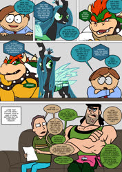 Size: 800x1133 | Tagged: safe, artist:imbriaart, queen chrysalis, changeling, changeling queen, human, comic:magic princess war, g4, bowser, clothes, comic, couch, crossover, eric cartman, female, jerry smith, male, paper, rick and morty, south park, super mario bros.