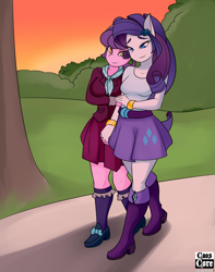 Size: 2297x2911 | Tagged: safe, artist:caoscore, rarity, suri polomare, anthro, equestria girls, g4, clothes, crystal prep academy uniform, female, high res, holding hands, lesbian, looking at each other, park, school uniform, shipping, sunset, surity