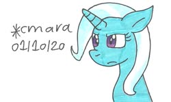 Size: 832x496 | Tagged: safe, artist:cmara, trixie, pony, unicorn, g4, blue pony, date, female, frown, horn, mare, purple eyes, simple background, text, traditional art, white background