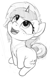 Size: 902x1400 | Tagged: safe, artist:zippysqrl, oc, oc only, oc:sign, pony, unicorn, chest fluff, female, freckles, grayscale, happy, looking up, mare, monochrome, open mouth, sitting, sketch, solo