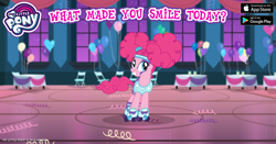 Size: 960x504 | Tagged: safe, gameloft, pinkie pie, earth pony, pony, g4, official, balloon, clothes, confetti, costume, facebook, female, mare, my little pony logo, pinkie puffs, ribbon, roller skates, skates, smiling, solo, table