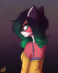 Size: 4677x5894 | Tagged: safe, artist:tyna, oc, oc only, anthro, anthro oc, bra strap, clothes, commission, ear fluff, female, looking at you, looking back, looking back at you, looking over shoulder, mare, shoulderless, ych result