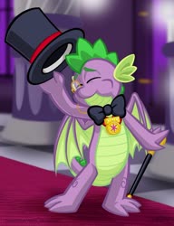 Size: 720x937 | Tagged: safe, artist:texasuberalles, spike, dragon, g4, bowtie, eyes closed, hat, male, monocle, solo, top hat, walking stick, winged spike, wings
