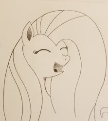 Size: 1820x2048 | Tagged: safe, artist:polar_storm, fluttershy, pegasus, pony, g4, bust, eyes closed, female, happy, mare, monochrome, open mouth, simple background, sketch, solo, traditional art, white background