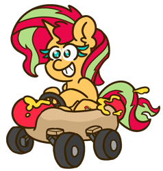 Size: 1000x1050 | Tagged: safe, artist:threetwotwo32232, sunset shimmer, pony, unicorn, g4, car, colored eyelashes, female, food, hot dog, mare, meat, sausage, simple background, solo, transparent background