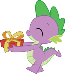 Size: 4532x5198 | Tagged: safe, artist:wissle, spike, dragon, friendship is magic, g4, absurd resolution, eyes closed, fangs, happy, holding, holding a present, male, present, simple background, smiling, solo, spike day, transparent background, vector, walking