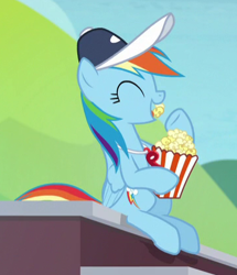 Size: 360x419 | Tagged: safe, screencap, rainbow dash, pegasus, pony, 2 4 6 greaaat, g4, coach rainbow dash, coaching cap, cropped, cute, eating, eyes closed, female, food, happy, mare, popcorn, sitting, solo, whistle, whistle necklace