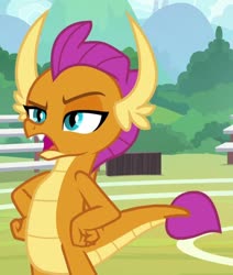 Size: 754x890 | Tagged: safe, screencap, smolder, dragon, 2 4 6 greaaat, g4, bleachers, buckball field, cropped, displeased, dragoness, fangs, female, folded wings, hand on hip, horns, lidded eyes, open mouth, raised eyebrow, slit pupils, smolder is not amused, solo, teenaged dragon, teenager, unamused, wings