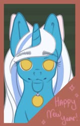 Size: 691x1080 | Tagged: safe, artist:macyw, oc, oc only, oc:fleurbelle, alicorn, pony, alicorn oc, bauble, bow, celebration, female, hair bow, horn, long hair, long mane, looking at you, mare, mouth hold, postcard, thick eyebrows, yellow eyes