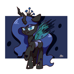 Size: 1500x1500 | Tagged: safe, artist:lou, oc, oc only, oc:queen noctuidae, changeling, changeling queen, blue changeling, blue eyes, changeling oc, changeling queen oc, commission, crown, female, jewelry, long mane, regalia, simple background, solo