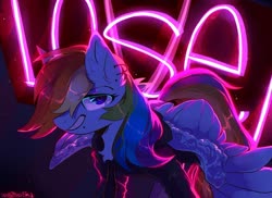 Size: 1280x931 | Tagged: safe, artist:hakkerman, rainbow dash, pegasus, pony, g4, clothes, ear piercing, female, glowing eyes, neon, piercing, signature, solo, suit, text