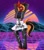 Size: 750x845 | Tagged: safe, alternate version, artist:pesty_skillengton, oc, oc only, oc:red flame, bat pony, unicorn, anthro, unguligrade anthro, clothes, commission, female, jojo pose, jojo's bizarre adventure, mare, outrun, skirt, solo, vaporwave, wingless