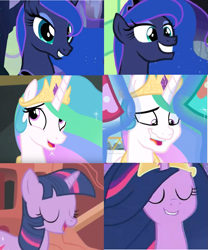 Size: 1017x1221 | Tagged: safe, edit, screencap, princess celestia, princess luna, twilight sparkle, alicorn, pony, unicorn, a royal problem, between dark and dawn, celestial advice, g4, sleepless in ponyville, the last problem, art evolution, before and after, comparison, duckery in the comments, faic, female, golden oaks library, mare, older, older twilight, older twilight sparkle (alicorn), princess twilight 2.0, twilight sparkle (alicorn), unicorn twilight