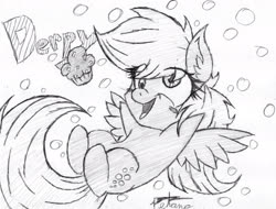 Size: 1942x1476 | Tagged: safe, artist:petanoprime, derpy hooves, pegasus, pony, g4, blush sticker, blushing, bubble, chibi, eye clipping through hair, female, grayscale, mare, monochrome, open mouth, signature, smiling, solo, traditional art