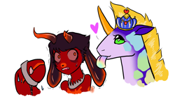 Size: 1800x1000 | Tagged: safe, artist:lavvythejackalope, oc, oc only, demon, augmented tail, bedroom eyes, bust, crown, duo, girafficorn, heart, jewelry, licking, nervous, regalia, simple background, tongue out, white background