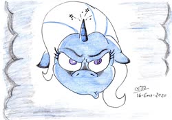 Size: 1024x716 | Tagged: safe, artist:gafelpoez, trixie, pony, g4, angry, ears back, female, solo, the offspring, traditional art