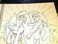 Size: 816x612 | Tagged: safe, artist:lucas_gaxiola, fluttershy, pegasus, pony, g4, bipedal, duo, female, irl, lineart, male, mare, notepad, open mouth, photo, signature, smiling, stallion, traditional art