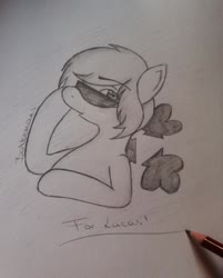 Size: 599x746 | Tagged: safe, artist:bottemans, oc, oc only, oc:charmed clover, earth pony, pony, bust, earth pony oc, irl, male, pencil, photo, solo, stallion, sunglasses, traditional art