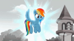 Size: 1280x720 | Tagged: safe, screencap, rainbow dash, pegasus, pony, rainbow roadtrip, animated, discovery family logo, female, flying, looking down, mare, solo, sound, sparkles, webm, wings
