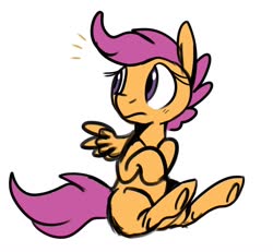 Size: 1024x948 | Tagged: safe, artist:tokipeach, scootaloo, pegasus, pony, g4, cute, cutealoo, female, filly, hooves to the chest, simple background, sitting, solo, white background