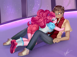 Size: 3672x2700 | Tagged: safe, artist:xjenn9, pinkie pie, oc, oc:copper plume, equestria girls, g4, blushing, canon x oc, commission, commissioner:imperfectxiii, copperpie, female, high res, hug, lidded eyes, male, one eye closed, ponytail, shipping, straight