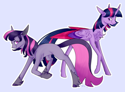Size: 2036x1504 | Tagged: safe, artist:lilith1light, twilight sparkle, alicorn, earth pony, pony, g4, chest fluff, earth pony twilight, female, g4 to g5, g5 concept leak style, g5 concept leaks, juxtaposition, mare, meta, outline, self ponidox, simple background, smiling, twilight sparkle (alicorn), twilight sparkle (g5 concept leak), unshorn fetlocks