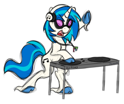 Size: 1400x1170 | Tagged: safe, artist:ramott, dj pon-3, vinyl scratch, pony, unicorn, g4, bipedal, cloven hooves, female, glowstick, headphones, jewelry, mare, necklace, open mouth, simple background, solo, turntable, unshorn fetlocks, white background