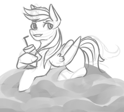 Size: 484x437 | Tagged: safe, artist:pockypocky, rainbow dash, pegasus, pony, g4, cloud, drink, female, grayscale, mare, monochrome, relaxing, sketch, soda, solo, wip