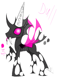 Size: 888x1150 | Tagged: safe, artist:didun850, oc, oc only, oc:dull, changeling, changeling oc, dunce hat, fangs, forked tongue, hat, looking back, pink changeling, raised hoof, reference sheet, signature, simple background, solo, text, tongue out, transparent background