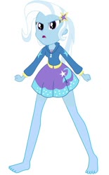 Size: 536x862 | Tagged: safe, artist:marcorulezzz, edit, editor:thomasfan45, vector edit, trixie, equestria girls, equestria girls series, forgotten friendship, g4, angry, barefoot, barrette, clothes, cute, cutie mark on clothes, feet, female, fist, jacket, legs, simple background, skirt, solo, vector, white background