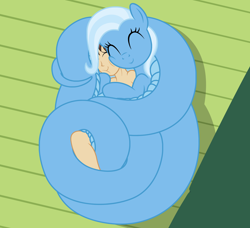 Size: 2292x2094 | Tagged: safe, artist:badumsquish, derpibooru exclusive, trixie, oc, oc:generic messy hair anime anon, human, lamia, original species, g4, cheek rub, coils, content, cuddling, cute, diatrixes, female, floor, high res, hug, hugs needed, lamiafied, mare, nuzzling, sleeping, smiling, snuggling, species swap, squishy cheeks, trixie lulamia