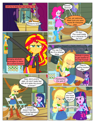 Size: 612x792 | Tagged: safe, artist:greatdinn, artist:newbiespud, edit, edited screencap, screencap, applejack, pinkie pie, spike, sunset shimmer, twilight sparkle, dog, comic:friendship is dragons, equestria girls, g4, my little pony equestria girls, alcohol, animal, balloon, beer bottle, boots, cider, clothes, collaboration, comic, cutie mark on clothes, dialogue, eyes closed, female, freckles, frown, gym, hat, male, mouth hold, screencap comic, shoes, spike the dog, table, thinking, unamused