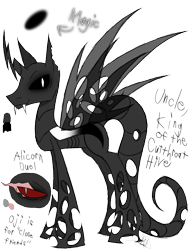 Size: 888x1150 | Tagged: safe, artist:didun850, oc, oc only, oc:oji, changeling, black sclera, changeling oc, glowing, one eye closed, reference sheet, signature, simple background, slit pupils, sombra eyes, transparent background, white changeling