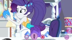 Size: 1280x720 | Tagged: safe, edit, edited screencap, editor:thomasfan45, screencap, rarity, equestria girls, festival looks, g4, my little pony equestria girls: better together, bare arms, bare shoulders, barefoot, bed, chair, clothes, cute, description is relevant, dress, feet, female, jacket, mannequin, missing geode, music festival outfit, raribetes, rarity's bedroom, solo, webcam