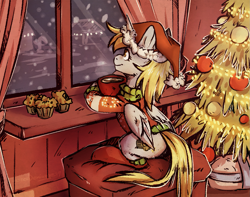 Size: 1627x1280 | Tagged: safe, artist:lonerdemiurge_nail, derpy hooves, alicorn, pony, g4, alicornified, alternate cutie mark, christmas, christmas sweater, christmas tree, clothes, commission, derpicorn, female, food, hat, holiday, looking out the window, muffin, night, race swap, santa hat, sitting, smiling, socks, solo, sweater, tree, window