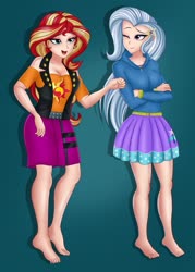 Size: 735x1024 | Tagged: safe, alternate version, artist:anonix123, edit, editor:thomasfan45, sunset shimmer, trixie, human, equestria girls, equestria girls series, forgotten friendship, g4, barefoot, barrette, breasts, cleavage, clothes, cute, cutie mark on clothes, digital art, duo, feet, female, human coloration, jacket, legs, shirt, skirt, smiling