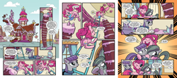 Size: 2304x1024 | Tagged: safe, artist:kate sherron, idw, official comic, boulder (g4), marble pie, maud pie, pinkie pie, earth pony, pony, g4, spoiler:comic, spoiler:comic86, cake, comic, female, food, giant cake, mare, pie sisters, ponyville, preview, siblings, sisters, sugarcube corner, when she speaks, writer:jeremy whitley