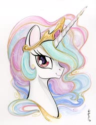 Size: 1338x1755 | Tagged: safe, artist:sara richard, princess celestia, alicorn, pony, g4, bust, crown, cute, cutelestia, female, jewelry, looking at you, mare, portrait, profile, regalia, simple background, solo, traditional art, watercolor painting, white background