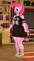 Size: 1080x1920 | Tagged: safe, artist:sugarsweetarts, pinkie pie, anthro, g4, 3d, clothes, excited, female, happy, living room, looking offscreen, shirt, shoes, shorts, solo, source filmmaker, television