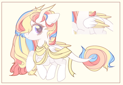 Size: 2350x1620 | Tagged: safe, artist:cloudsweet112, oc, oc:rainbow dreams, pegasus, pony, adopted, female, hair over one eye, horn, leonine tail, multicolored hair, rainbow hair, raised hoof, ribbon, two toned wings, wings