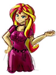 Size: 500x667 | Tagged: safe, artist:jovalic, sunset shimmer, equestria girls, equestria girls specials, g4, my little pony equestria girls: spring breakdown, choker, cute, female, hand on hip, lidded eyes, no pupils, shimmerbetes, simple background, smiling, solo, white background