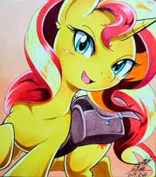 Size: 907x1024 | Tagged: safe, artist:025aki, sunset shimmer, pony, unicorn, g4, bedroom eyes, blushing, female, looking at you, mare, smiling, solo, traditional art