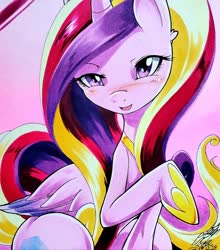 Size: 1802x2048 | Tagged: safe, artist:025aki, princess cadance, alicorn, pony, g4, abstract background, bedroom eyes, blushing, cute, cutedance, female, hoof shoes, looking at you, mare, peytral, raised hoof, smiling, solo, traditional art